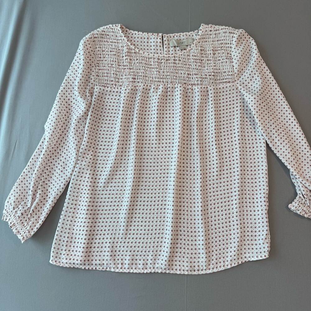 LOFT Petite Medium Pink & Black Floral Dotted Smocked Blouse